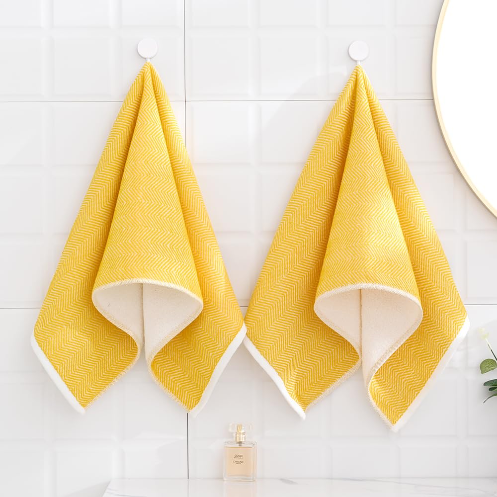sense gnosis Jacquard Striped Yellow Hand Towels Set of 2 Super Soft 100% Cotton Absorbent White Terry Bath Hand Towels for Bathroom Decorative Gym Camping - Image 2