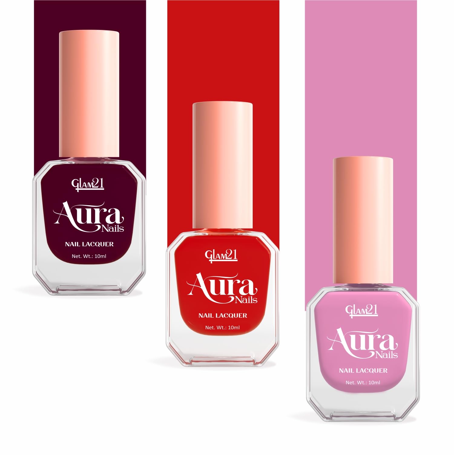 Glam21 Aura Nails Nail Lacquer |Long-Lasting, Quick-Dry, High-Shine Nail Enamel | Chip-Free Formula | Smooth Application & Vibrant Finish |60 Striking Shades | 10ml Each, Pack Of 3 (Bare Maroon, Coral Pop & Marshmellow Mix)-picture-12