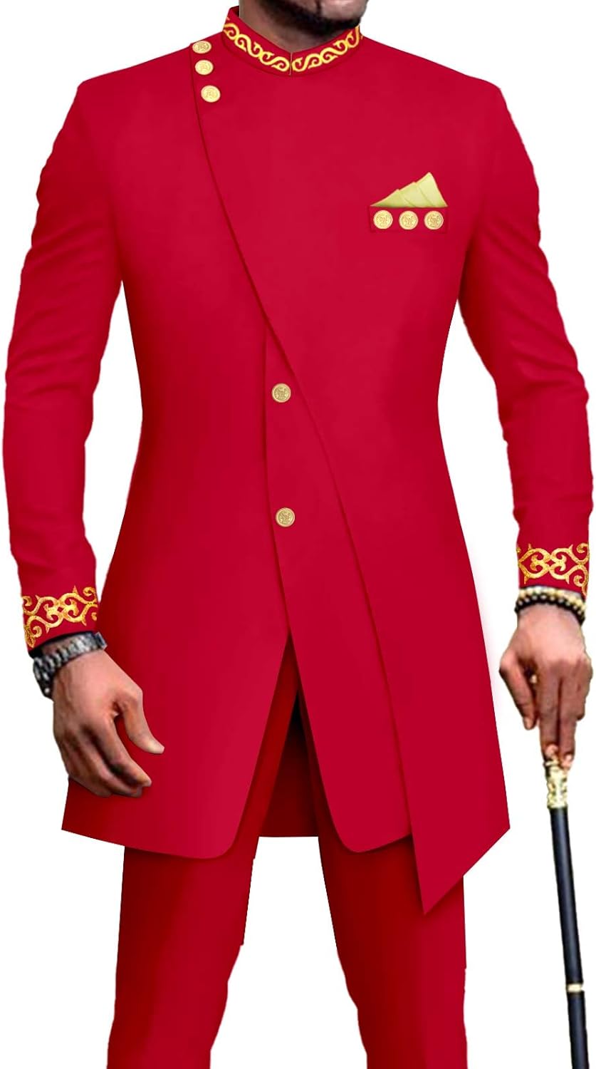 African Suits for Men Slim Fit Embroidery Blazer and Pants Set Business Dress Suit Party Wedding Evening