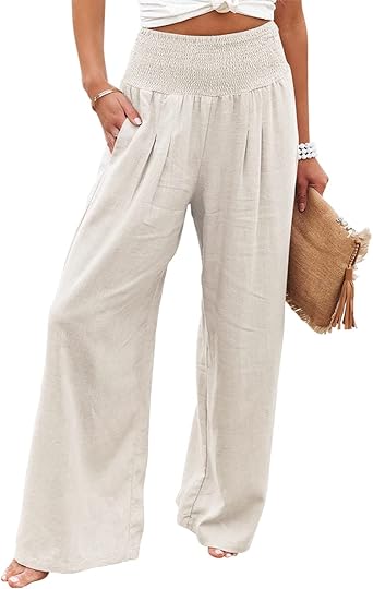 Amazon.com: chouyatou Palazzo - Pantalones de pierna ancha de lino y  algodón fruncidos para mujer, con bolsillos : Ropa, Zapatos y Joyería