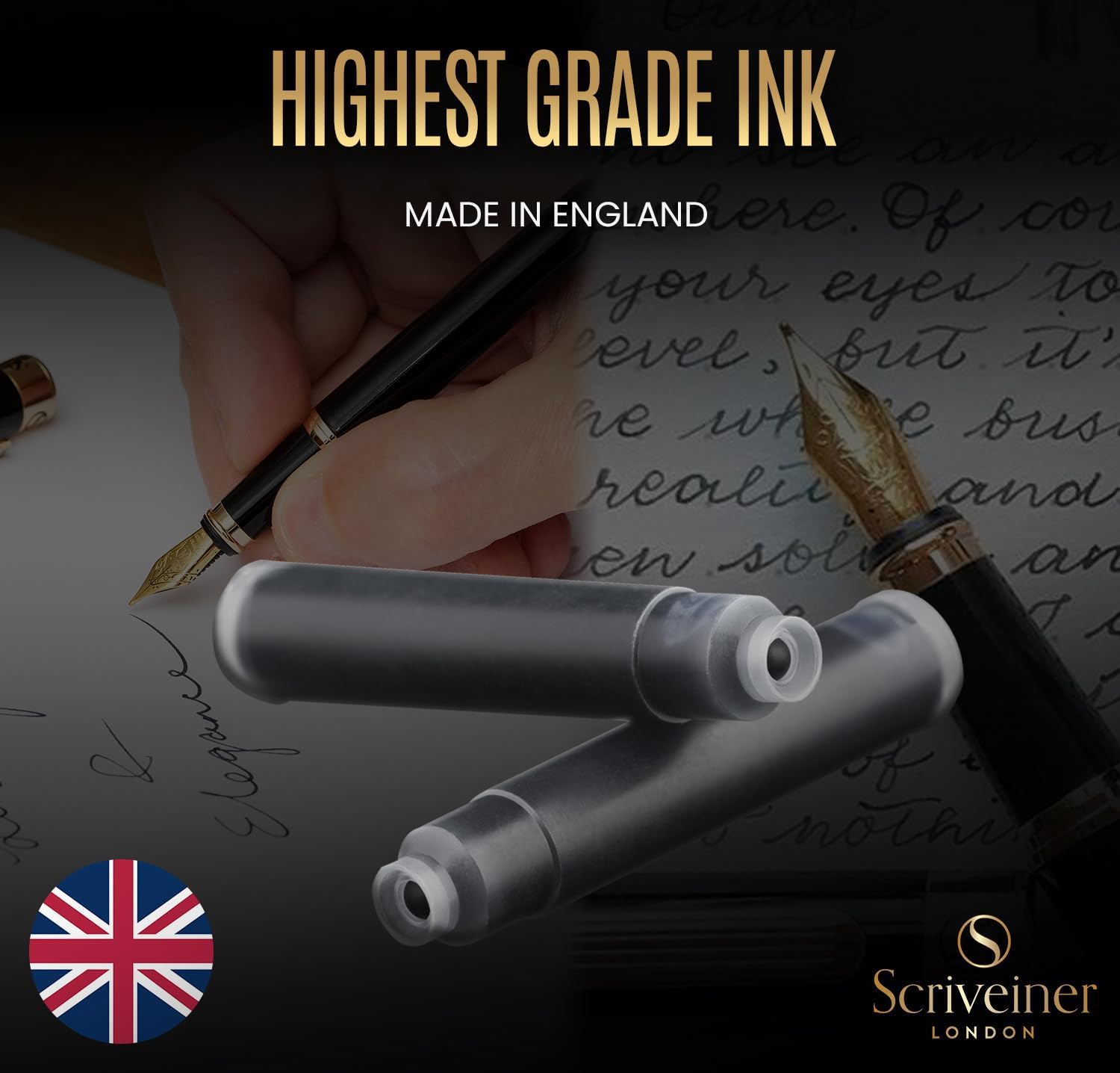Scriveiner Fountain Pen Ink Cartridges, Black, 20 Pack, Made in the UK, Best Ink Cartridges for Scriveiner Fountain Pens