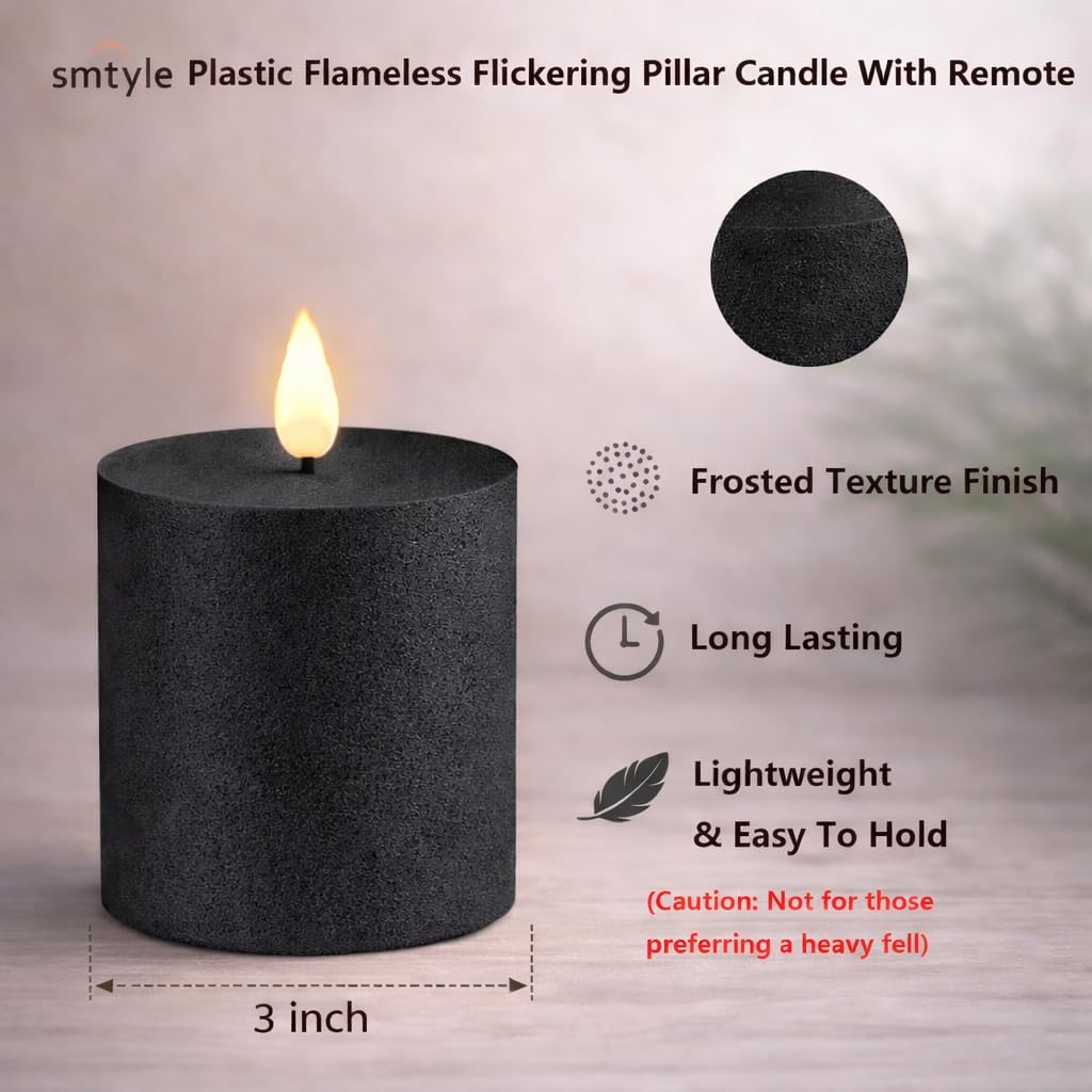 smtyle 3"x3" Black Flameless Flickering Candles with Remote Timer - Battery Operated Plastic Texture Pillar LED Candles Set of 2 for Gothic Home Decorations (Pack of 2) image 2