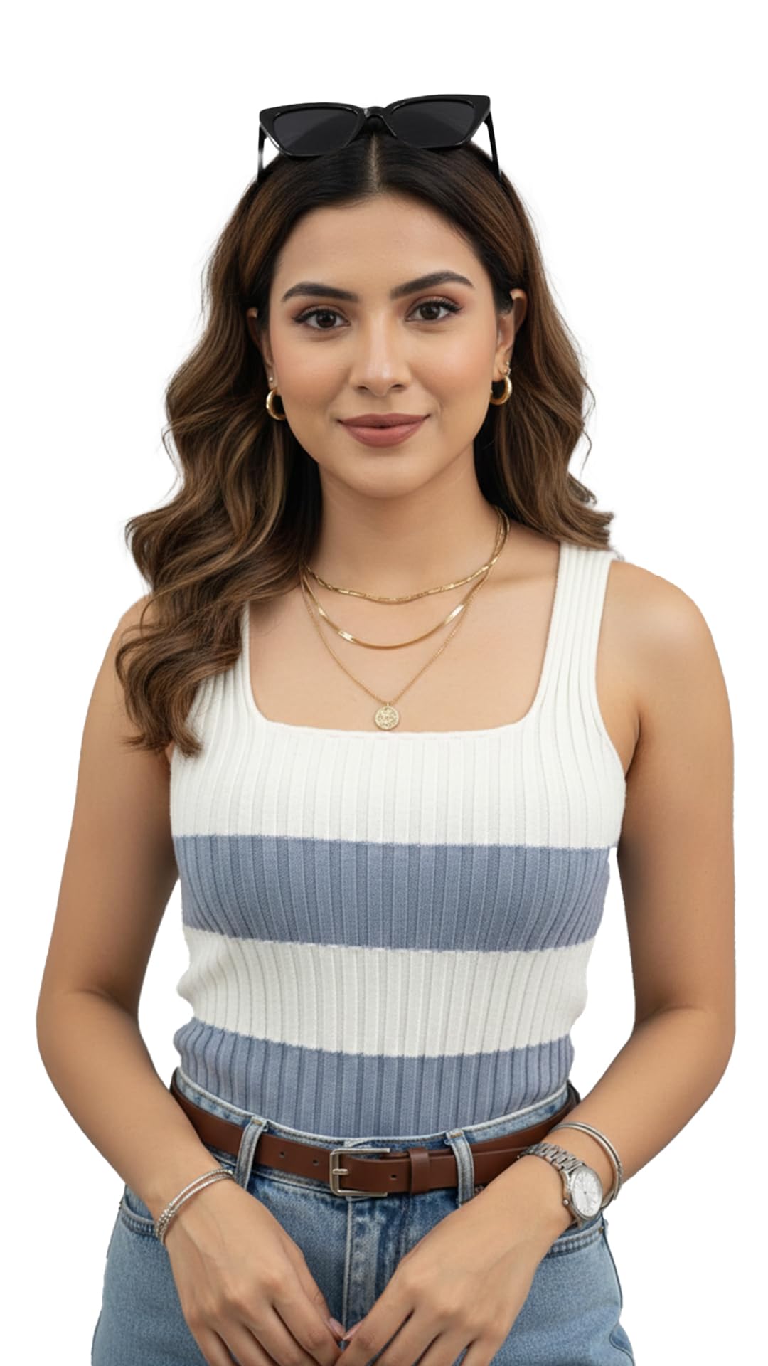 Women’s Viscose Ribbed Crop Top | Sleeveless Square Neck Stretchable Top | Free Size | Solid & Striped