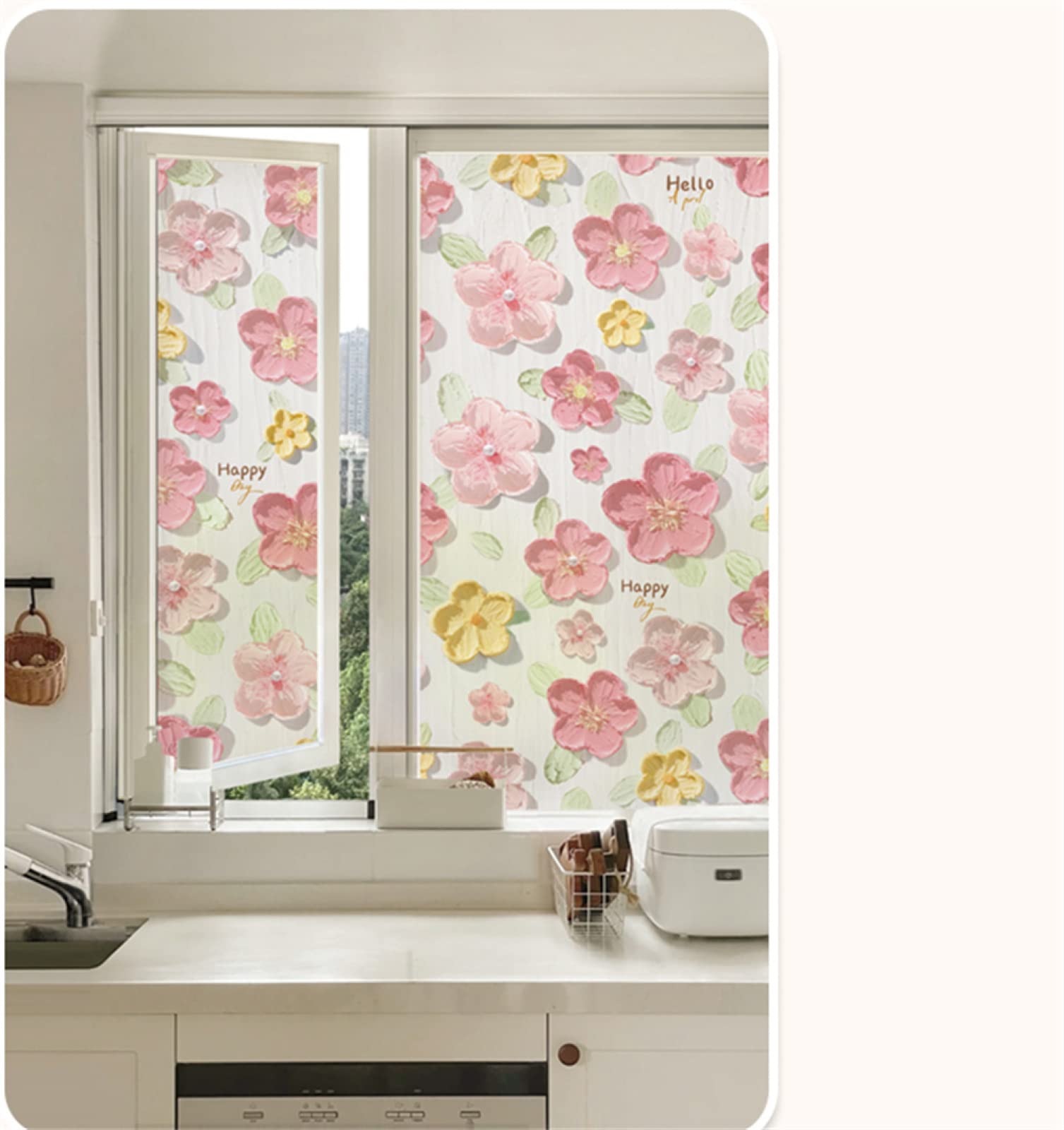 Fensterfolie 90 x 200 cm Fensterfolie Sichtschutz Selbsthaftend Rückstandslose Rosa gelbe Blumen 3D Dekofolie Statisch Anti-UV für Badezimmer Schlafzimmer Küche Büro Wohnzimmer