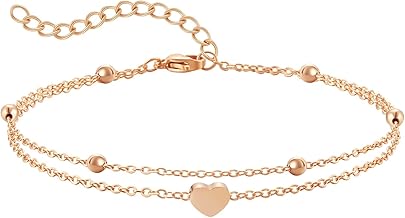 AFSTALR Chaine De Cheville Femme Acier Inoxydable De Cheville Pour Femme Forme De Cœur Decorative Anklet Réglables Cheville Double Chaîne Pour Femme Argent/Or/Rose