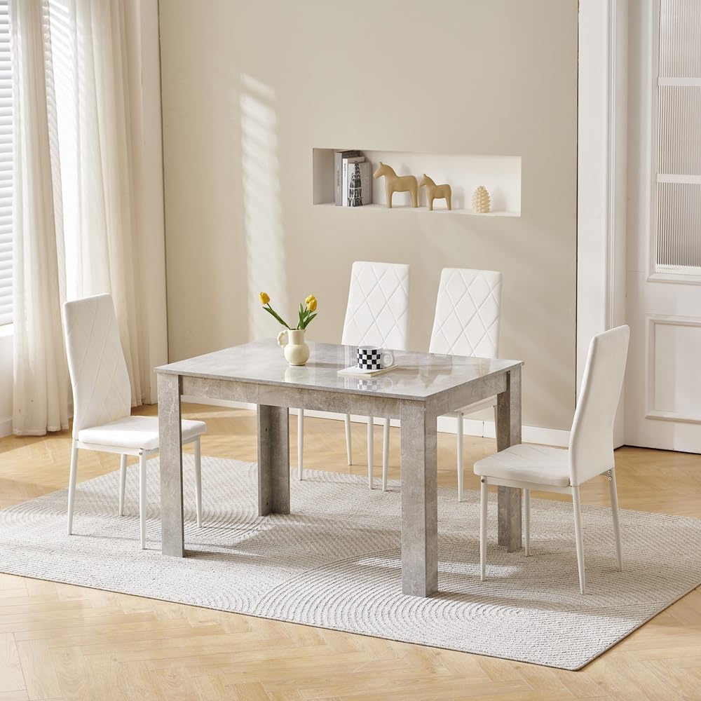 Menaka Modern Wooden Dining Room Table and Chairs Set of 4 for Small Space, 5 Pieces Rectangular Kitchen Table with 4 Chairs (120cm Grey Table with 4 Argyle White Velvet Chairs)