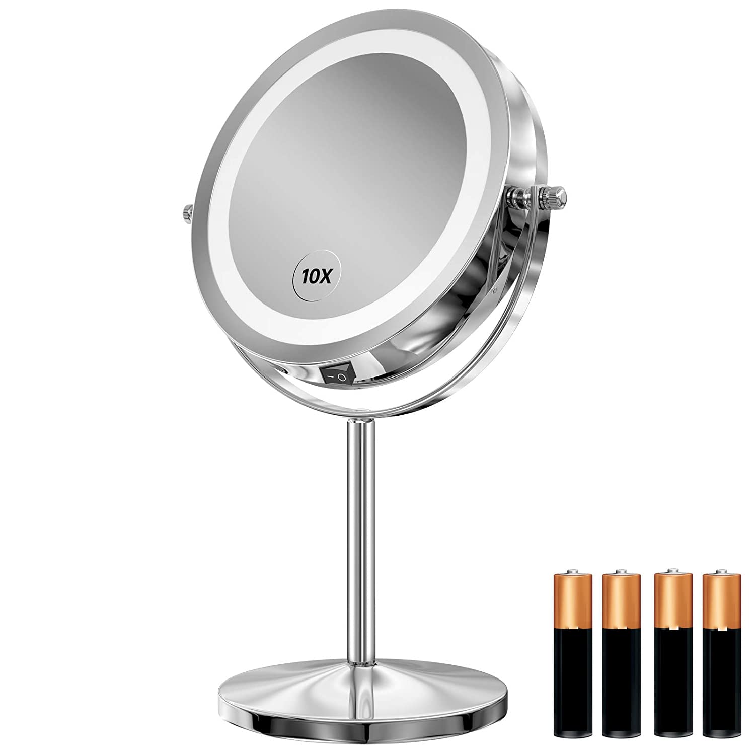 LED Makeup Mirror with Touch Screen Adjustable LED Light, 7 Inch Lighted Vanity Swivel Mirror 1x/10x Magnifying Double Sided Mirror Free Duracell battery AAA*4