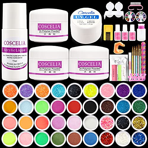 COSCELIA Acrylic Nail Kit 36 Colors of Glitter Acrylic Powder and Professional Liquid Monomer Set 5 Pcs Acrylic Nail Brush French Nail Forms Tips Rhinestones Manicure Tools for Acrylic Nail Starter