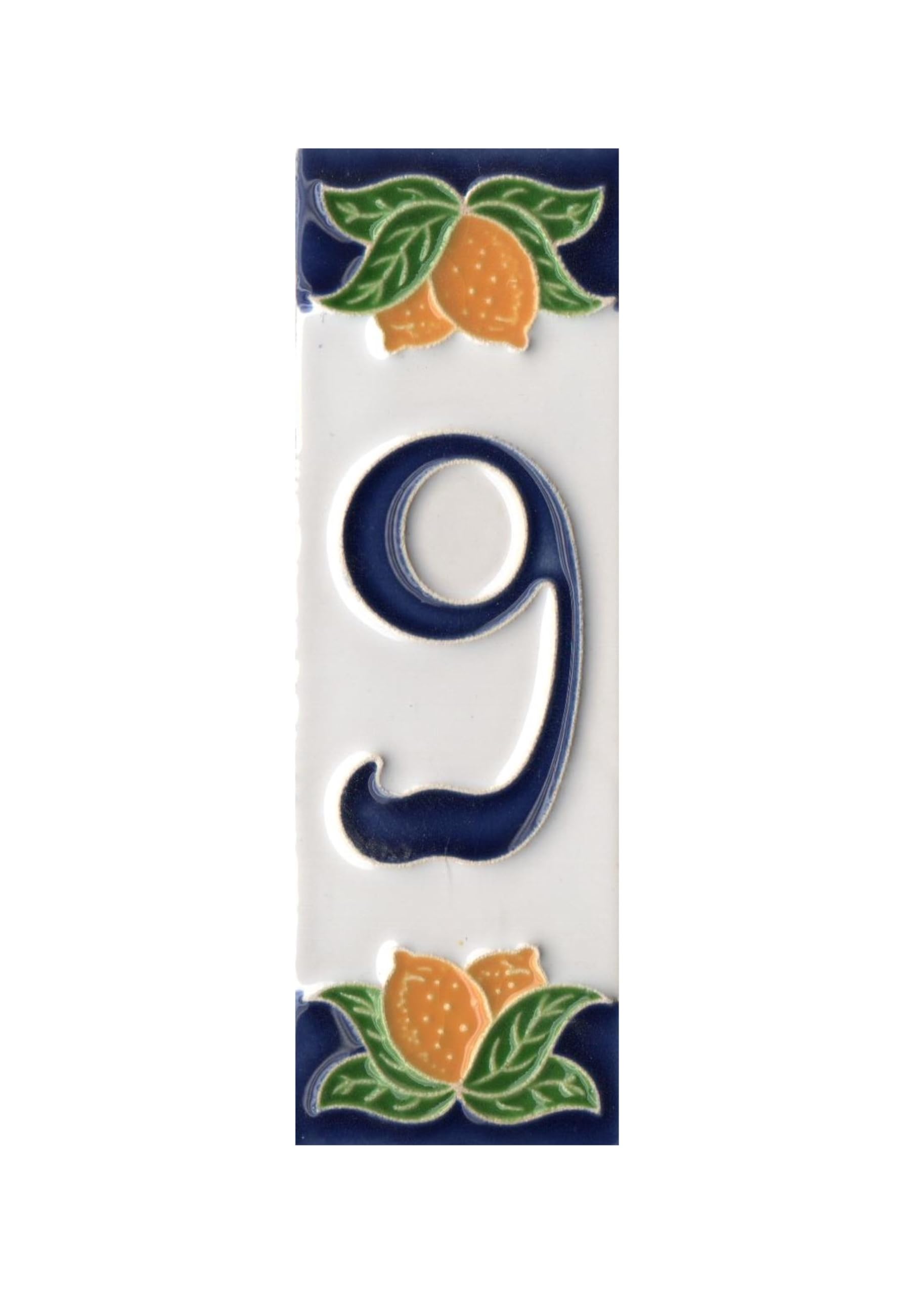 House Numbers, Italian Ceramic Numbers & Letters Tiles, Lemon Design, Tile Size: 10cm x 3.3 cm (Letter F) (Number 9 tile) — image 1