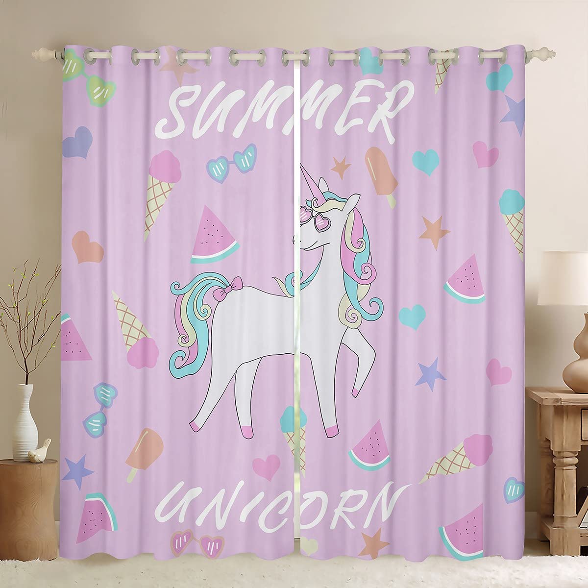 Loussiesd Unicorn Curtains for Bedroom Living Room Kids Cute Cartoon Magical Animal Blackout Curtains Pink Purple Darkening Drapes Window Treatments W46*L54