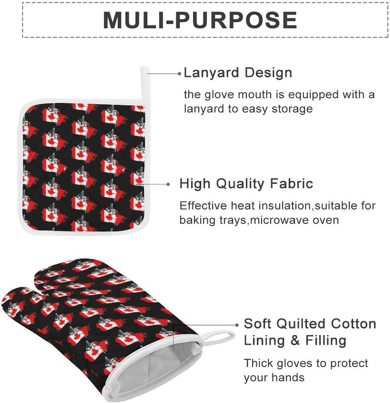 Canadian Flag Map Print Oven Mitts and Pot Holders 3 Piece Sets Heat Resistant Gloves Hot Pads Potholders for Kitchen Baking Cooking