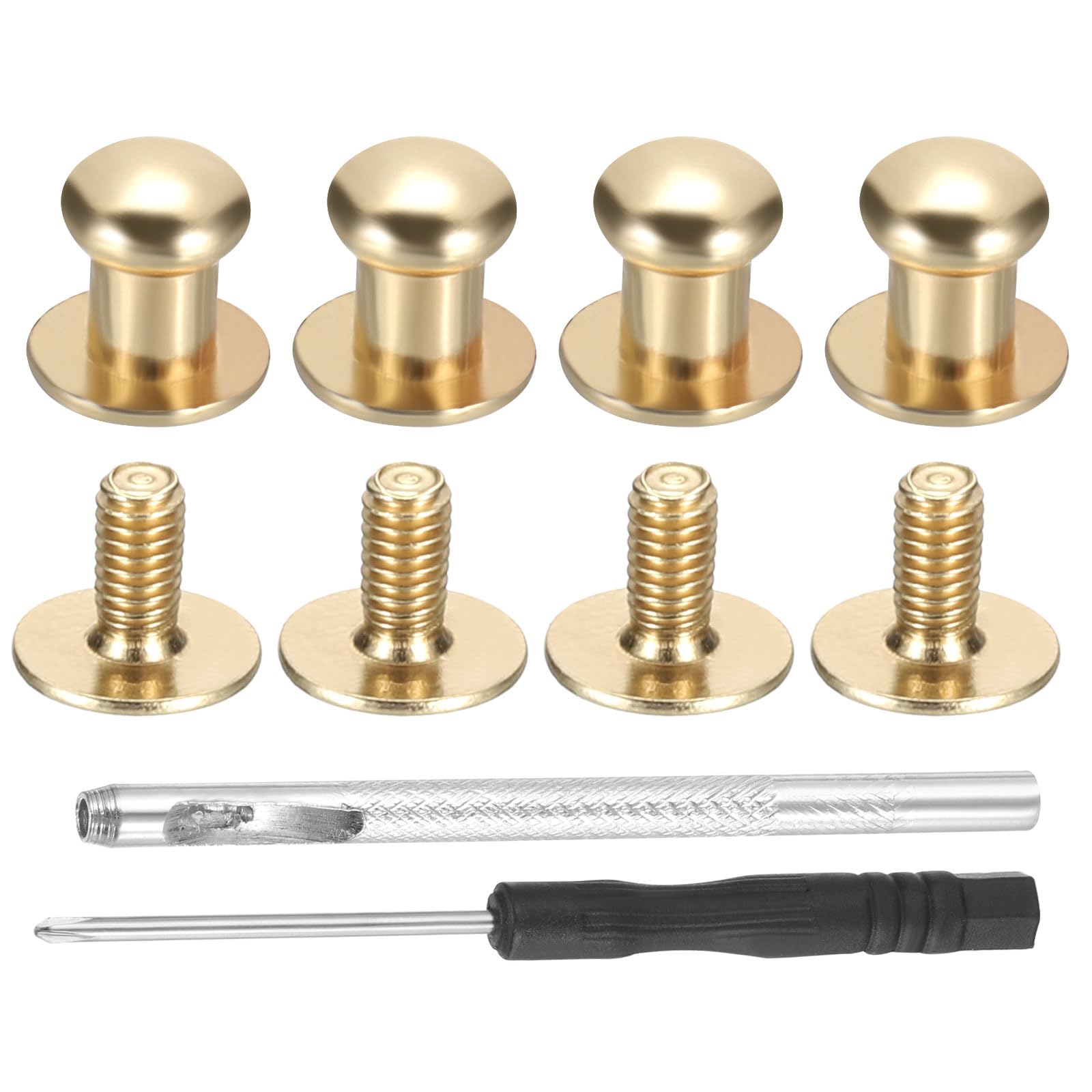 8x7.5x6mm Spikes for Clothes, 30 Set Metal Button Spikes with Punch & Screwdriver Screw Kit Flat Head Rivets Screw DIY Leather Barrel Studs Hardware Trim Craft, Light Gold