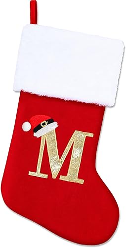 Medias de Navidad con monograma de 20 pulgadas, monograma con letras, medias de Navidad personalizadas con terciopelo rojo y blanco, puños de felpa