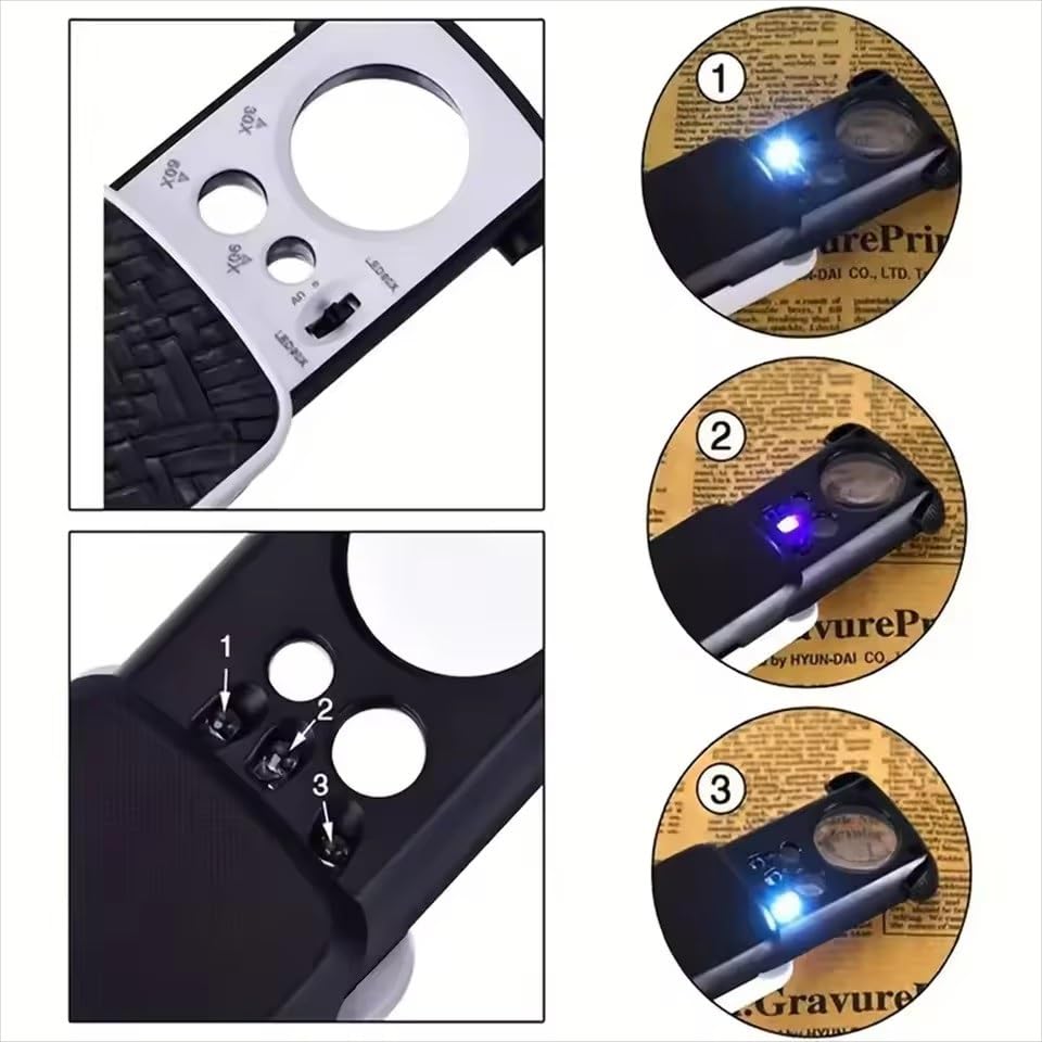 Lupa de aumento triple portátil 30X-90X-deslizante con luz LED