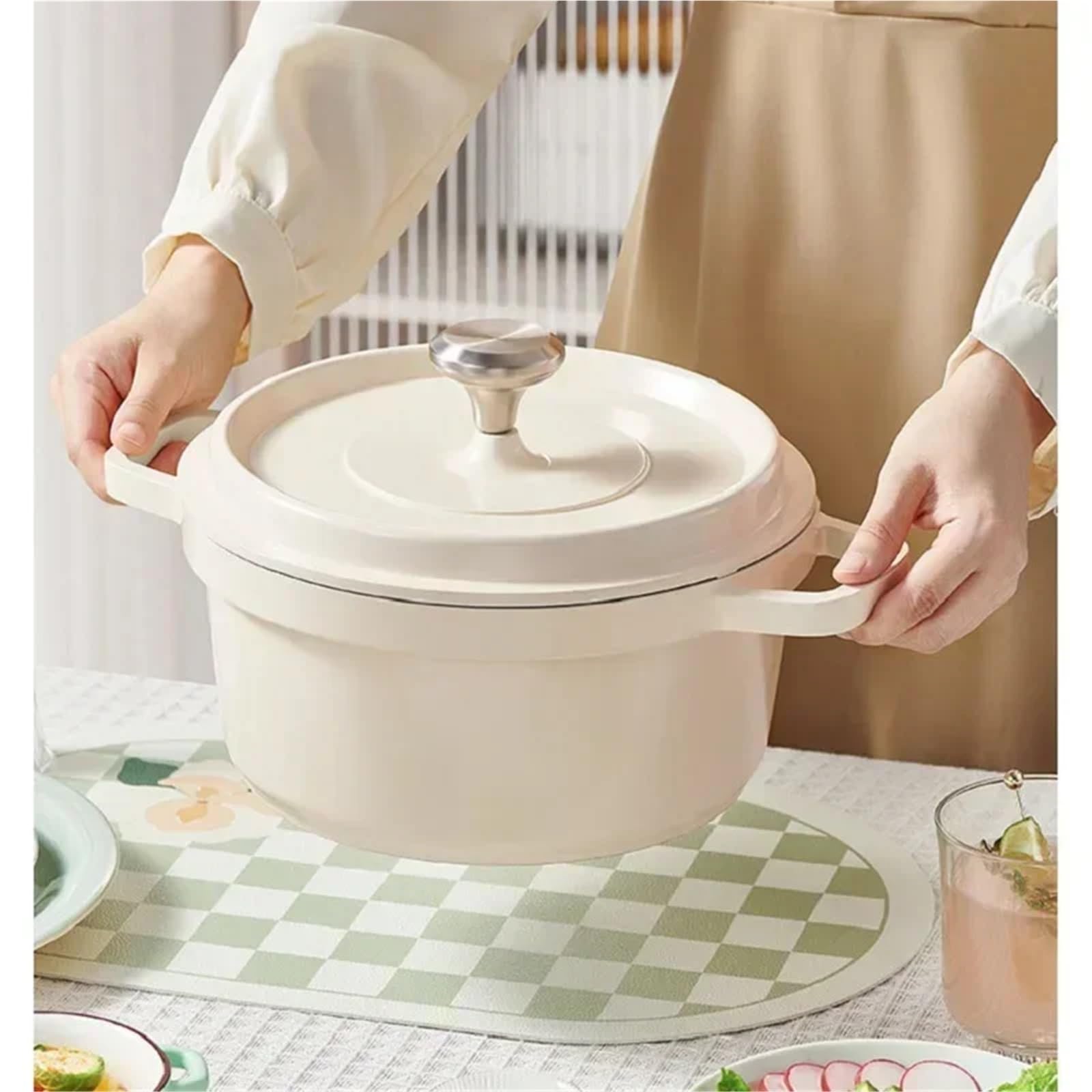 Casseruola in Ceramica Smaltata, pentola con Coperchio, casseruola Antiaderente, per Raccogliere energia e conservare Il Calore (Colore Bianco, 20 cm)