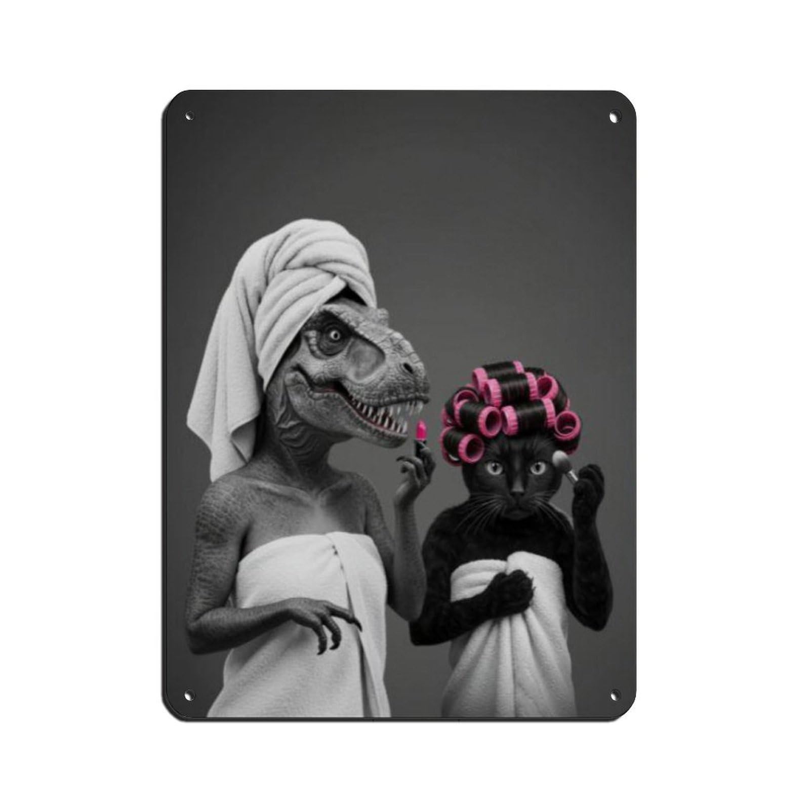 Dinosaur & Black Cat Bathroom Art Tin Sign Vintage Metal Pub Club Cafe Bar Home Wall Art Decoration Poster Retro 12x16inch(30x40cm)