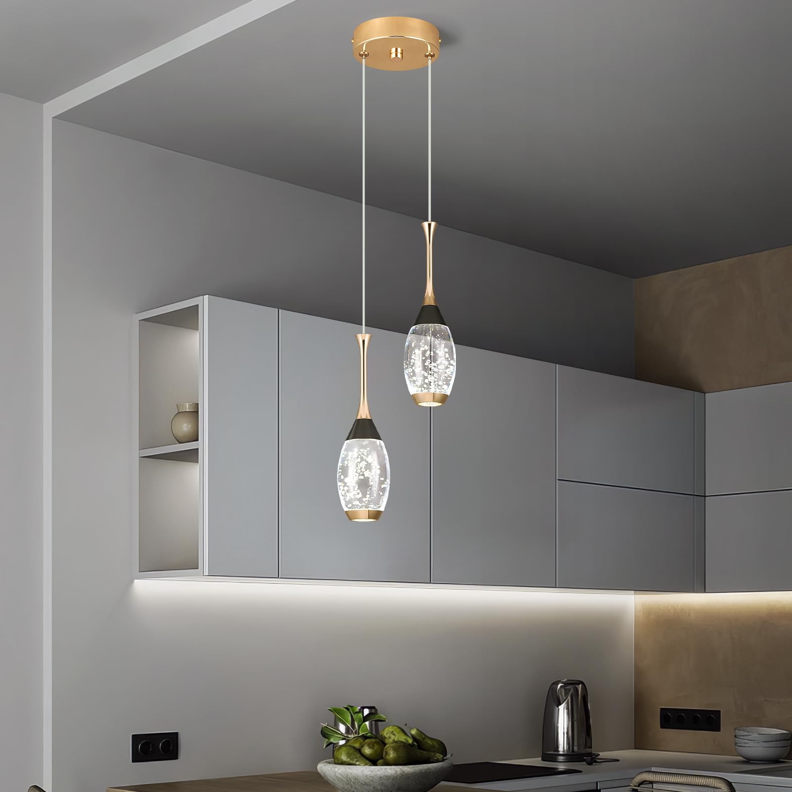 Moderne Schwarz-Gold-Hängeleuchte 2 Flammig LED-Deckenleuchten Mini Teardrop Kristall Pendelleuchte für Küche Insel Schlafzimmer Flur Eingang Hängelampe Höhenverstellbar