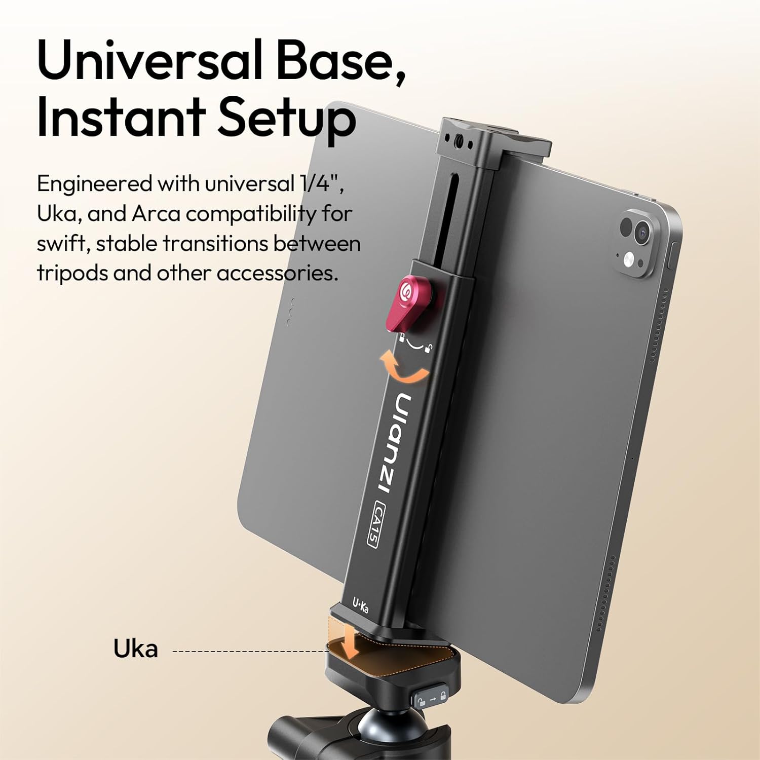 ULANZI CA15 Aluminum iPad Tablet Tripod Mount Attachment,13.5-22 cm Adjustable Clamp Range w Top Cold Shoe, Compatible w Arca Uka 1/4'', iPad 2/3/4/Air/Air2/Pro Video Recording