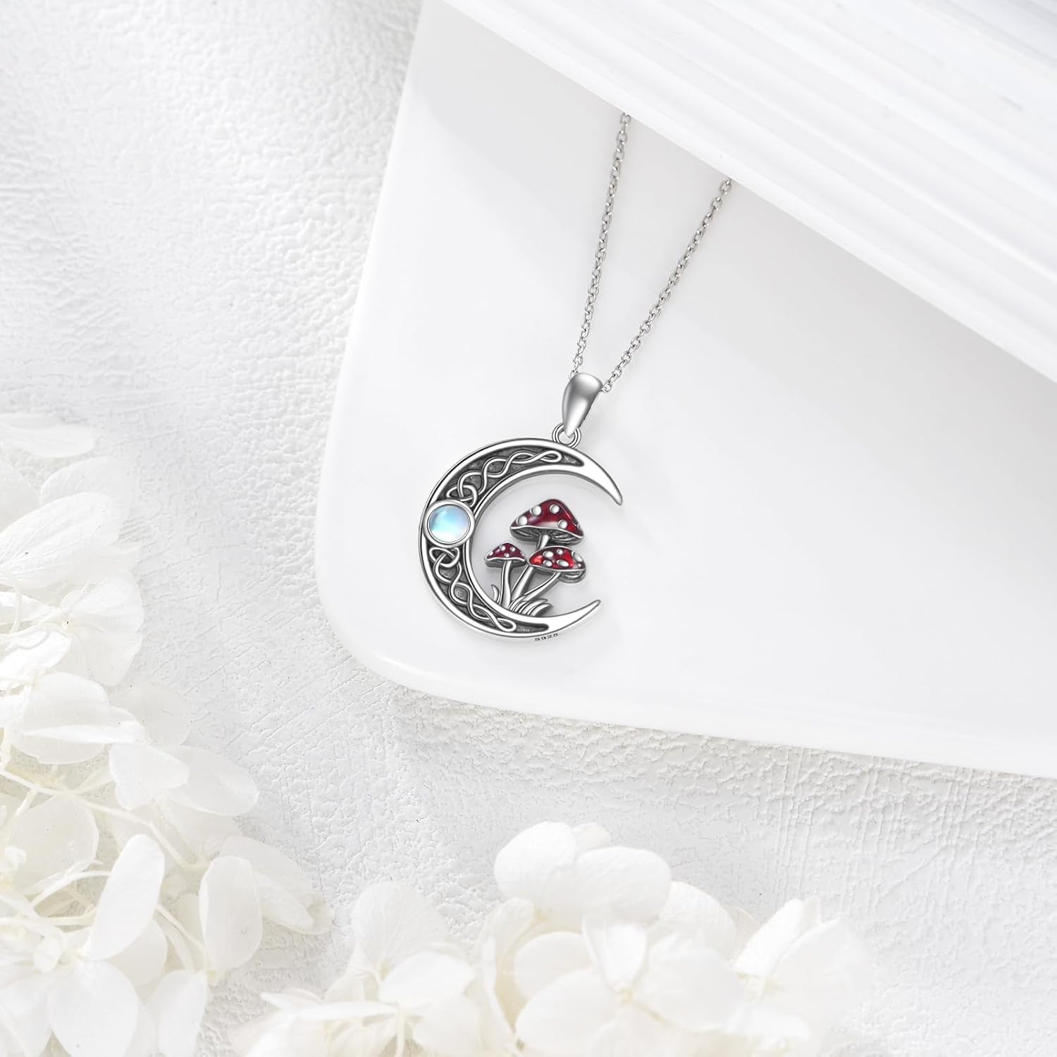 Mushroom Necklace 925 Sterling Silver Moonstone Necklace Magical Red Mushroom Pendant Jewelry Gifts for Women - Image 2