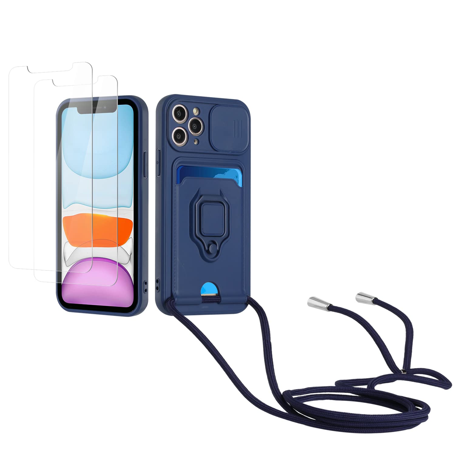 Kaslly Funda con Cuerda para Samsung Galaxy A35+[2 Pack Protector Pantalla],Case con Ranura para Tarjetas,Cubierta de Cámara Deslizante Proteger,Doble Cara Protección-Negro — view 9