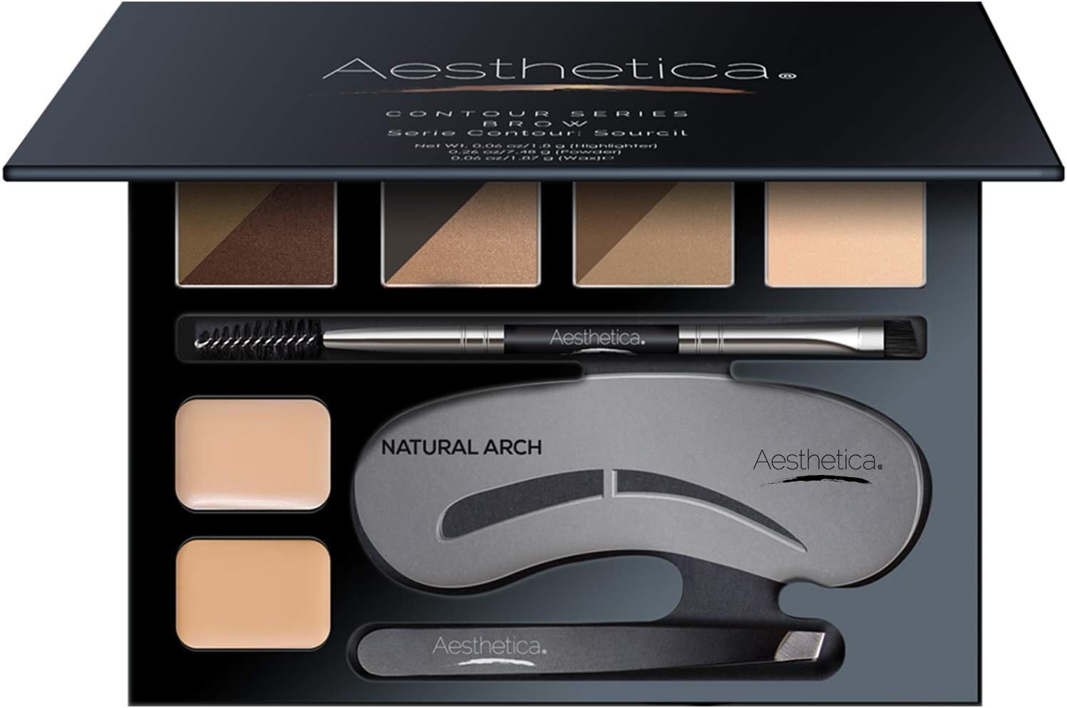 Aesthetica Brow Contour Kit 16-Piece Eyebrow Makeup Palette Set 6 Eyebrow Powders, 5 Eyebrow Stencils, Spoolie/Brush Duo, Tweezers, Eye Brow Wax, Highlighter - Unique Gifts For Women For Her Birthday