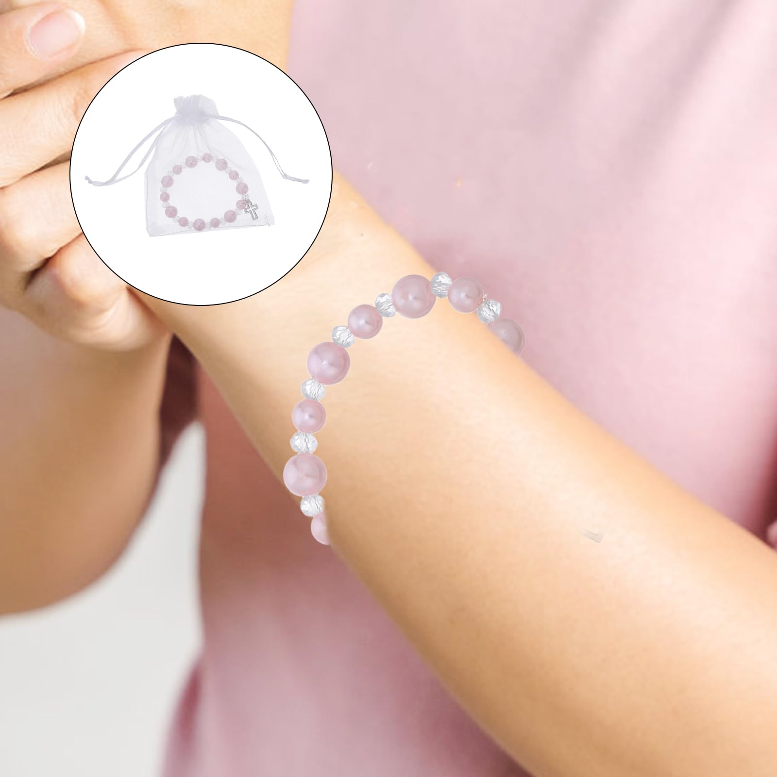Set Bomboniere Battesimo Con 20 Braccialetti Rosario in Perle Finte E Sacchetti Organza 3.35X2.36In Regali Religiosi Per Prima Comunione Cresima Matrimonio E Eventi Cattolici