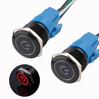 JIQI 22mm 2Pcs Waterproof 12V-24V Momentary Push Button Switch 1NO 1NC LED Push-Button Switch Black Metal Power Symbol Light with Wire Socket Plug Industrial Switches for Car Marine Boat Truck(Red)
