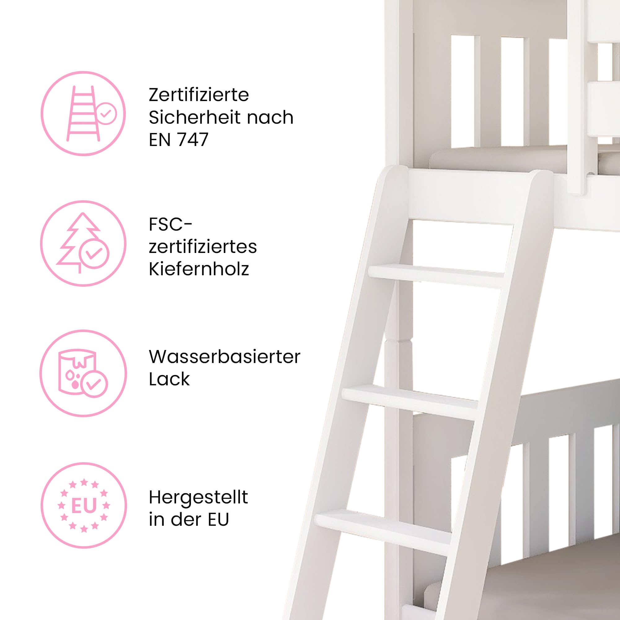 Kids Collective Hochbett 90x200 cm mit Rausfallschutz & Zwei Lattenroste in weiß Mädchen Jungen Bett Kinderbett Jugendbett 90x200 cm | von 4. bis 18. Lebensjahr