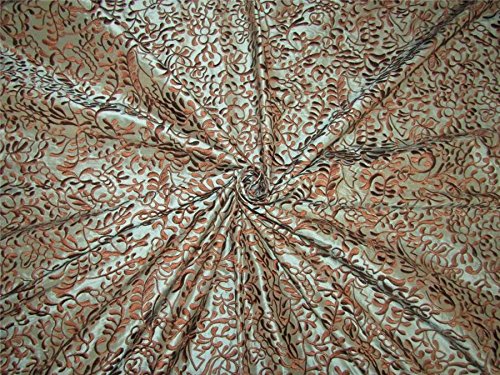 Soie dupion brodée bleu dusty marron tissu luxe haute couture 137cm DUP E55
