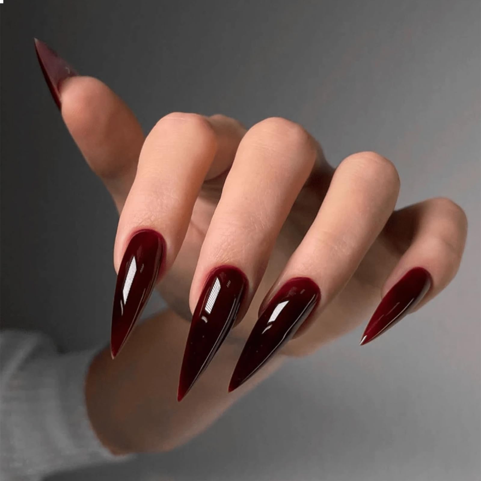 GlamRays 24 Pezzi Press on Nails Lunghe Finte Rosso Scuro - Unghie Acriliche per Cosplay, Manicure Copertura Completa, Gel Press-On