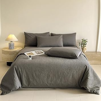 Luxury Washed Cotton Duvet Cover Queen Size, Jacquard Wrinkles Design Solid Color Chic Comforter Cover, Ultra Soft Breathable Bedding Quilt Cover,Dark Gray,Full