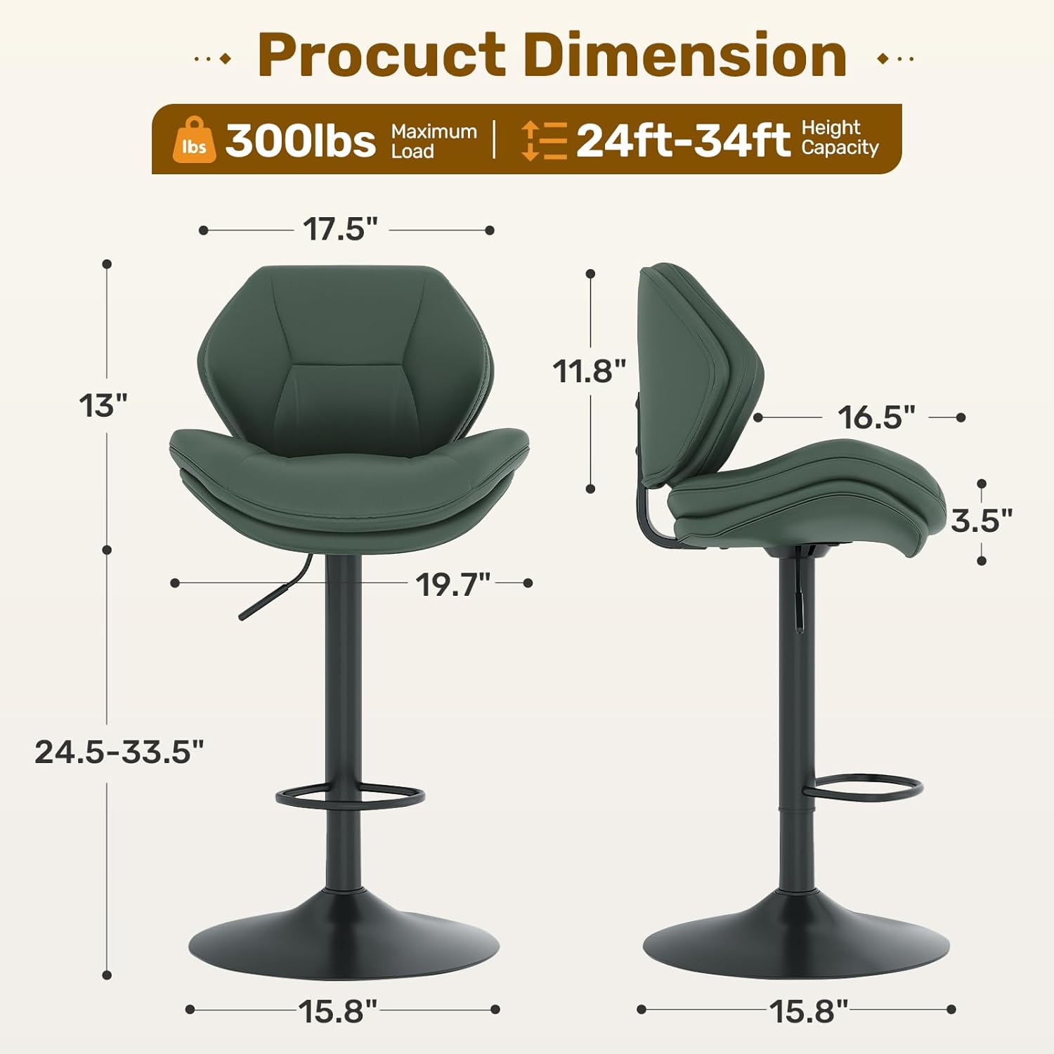 Nalupatio Swivel Bar Stools Set of 4, Double-Layer Filled Upholstered Bar Stools with Back, Adjustable Height Barstools, Faux Leather for Kitchen Island (Green)
