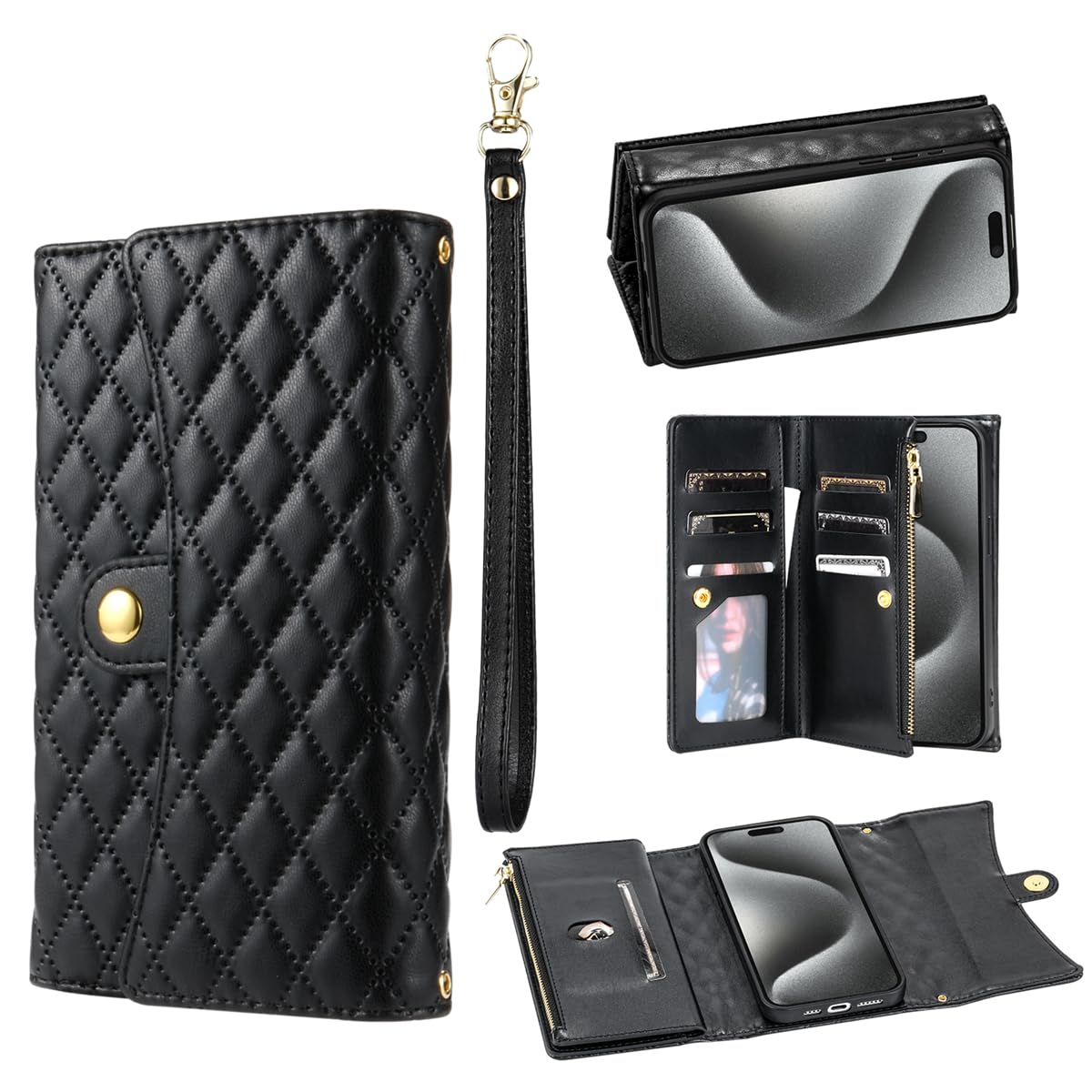 XIMANDfor Samsung Galaxy S23 Zipper Wallet Case with Card Holder, 7 Card Slots Large Capacity and 2 Style Lanyards like Fashion Clutch Hang Bag.(Black)