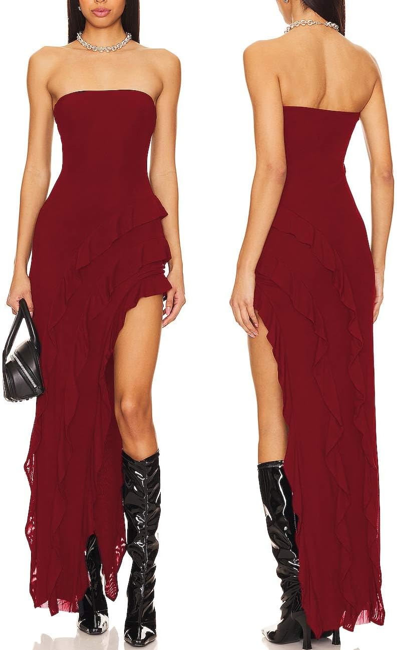 Capuffy Womens Tube Strapless Maxi Dress Irregular Ruffles Hem Cocktail Dress Off Shoulder Tassel High Slit Evening Gown 312