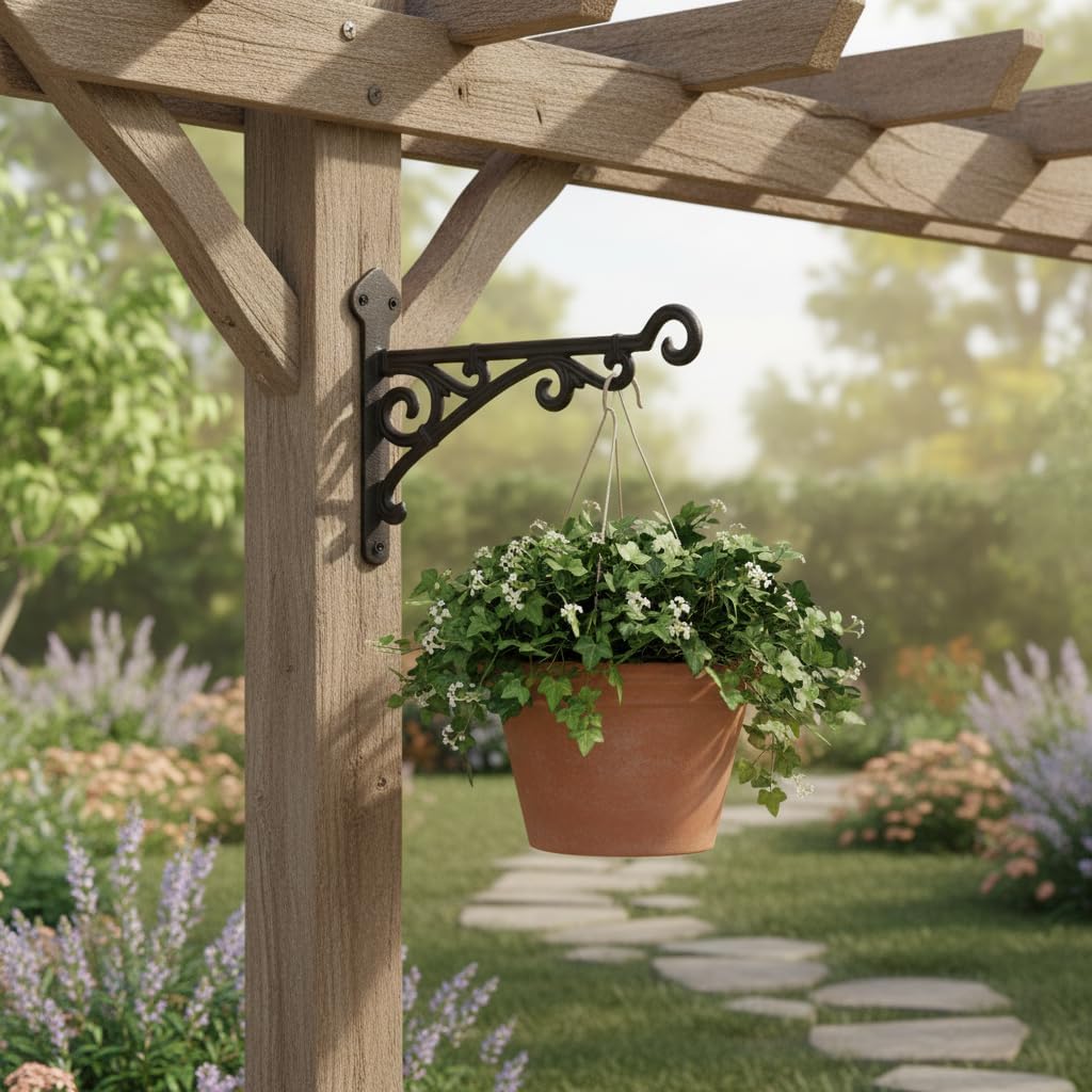 Comfy Hour 11" Heavy Duty Cast Iron Plant Wall Hanger, Decorative Bird Feeder Bracket for Outdoor Garden, Metal Hanging Plant Hook for Flower Pots, Lanterns & Wind Chimes, Brown