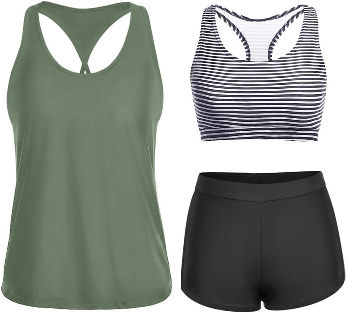 Yonique 3 Piece Athletic Tankini Swimsuits for Women with Shorts Swim Tank Tops with Sports Bra and Boyshorts Bathing Suits