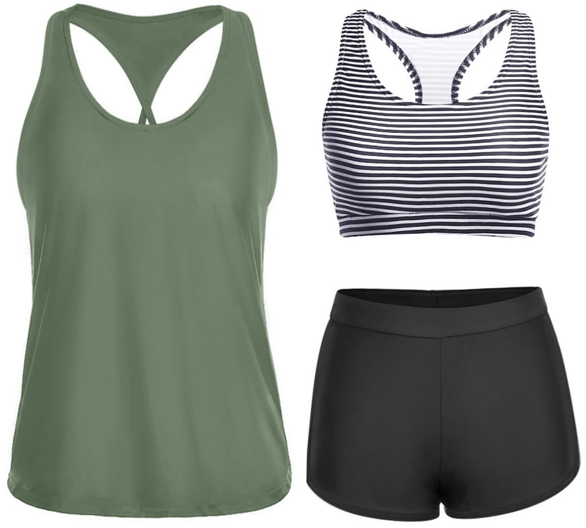 Yonique 3 Piece Athletic Tankini Swimsuits for Women with Shorts Swim Tank Tops with Sports Bra and Boyshorts Bathing Suits