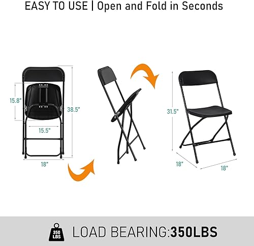 Miniatura 3 de Paquete de 16 sillas plegables de plástico negro, asiento comercial apilable portátil para interiores y exteriores, con marco de acero, capacidad de