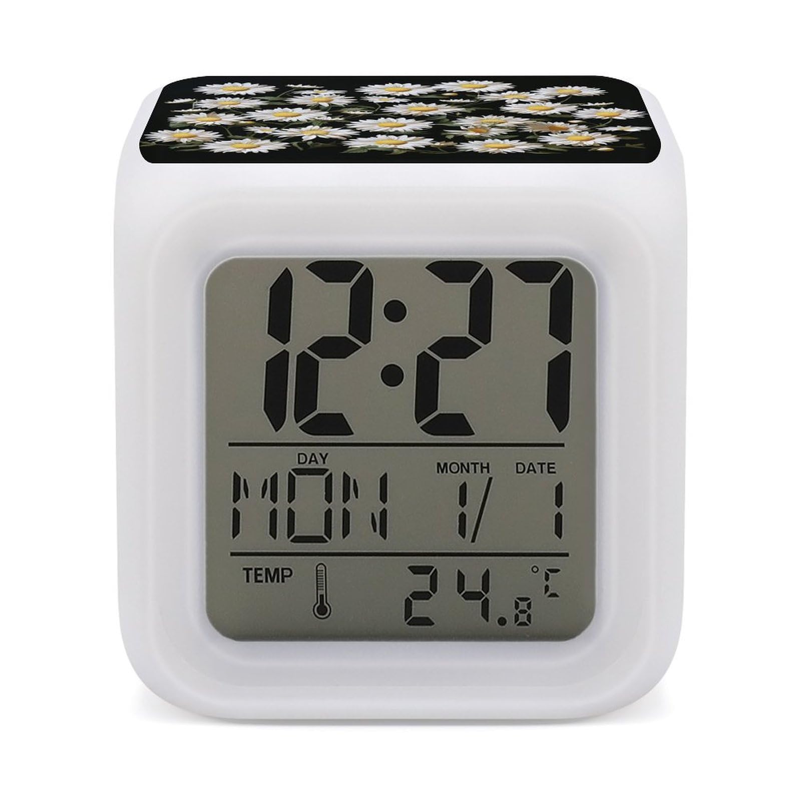 VstaDank Daisy Alarm Clock for Bedrooms Small Clocks with 7 Color Night Light Desk Clock with Large Numbers Loud Wake Up Timer Ideal for Gift & Room Decor