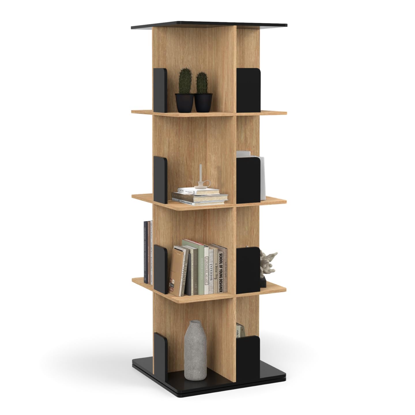 IDMarket - Etagère bibliothèque rotative 4 Niveaux RAPHA Noir et Effet Bois