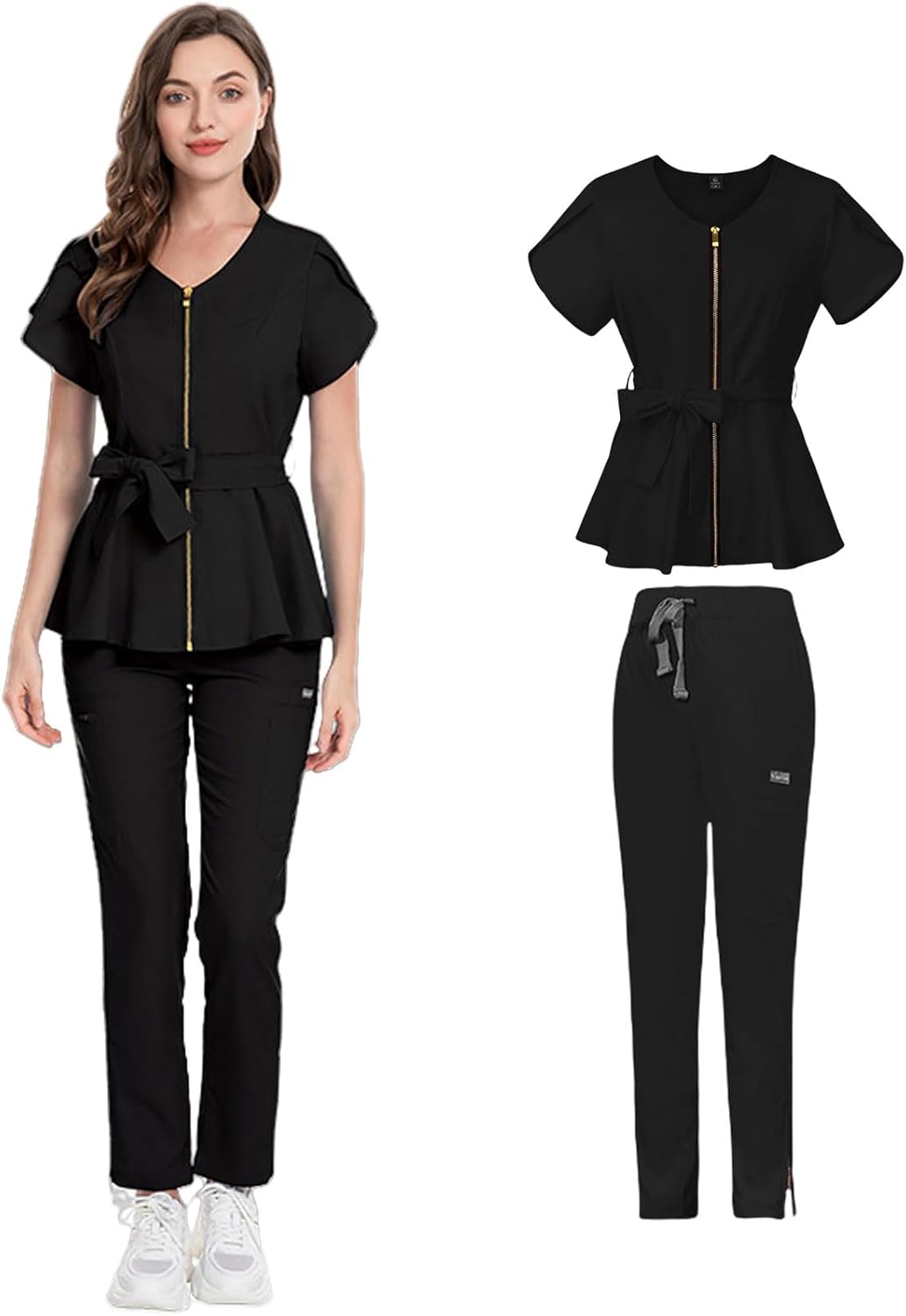 Women's Slim Fit Scrub Set V-Neck Top & Cargo Pants Soft Stretch Fabric, Zipper Pocket