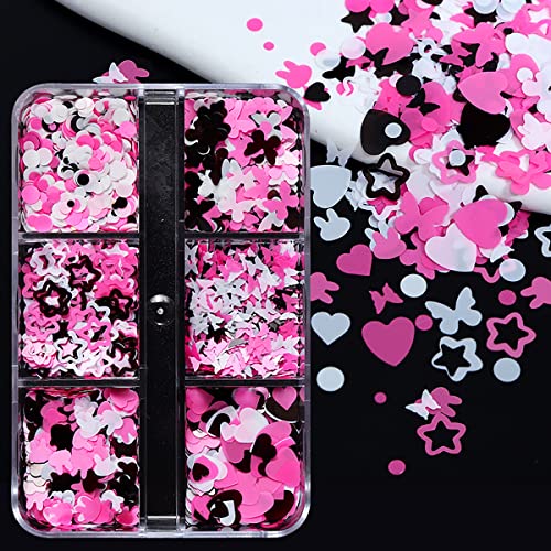 6 Grids 3D Heart Nail Glitter Sequins Valentines Day Nail Glitter Flakes Heart Nail Art Stickers Love Nail Decals Pink White Black Butterfly Rabbit Round Star Heart Glitter For Nail Art Decoration #TOP5