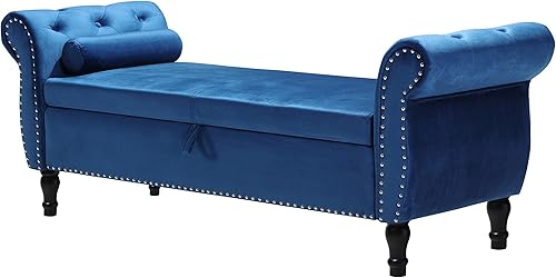 Miniatura 49 de HMFULE Taburete rectangular de almacenamiento multifuncional de 63 pulgadas, patas de madera maciza, banco tapizado de terciopelo con 1 almohada