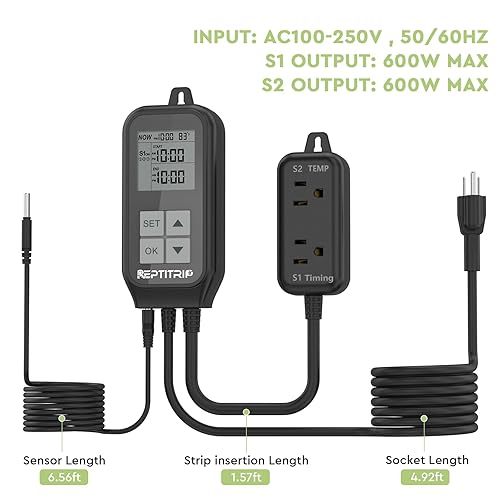 Miniatura 7 de Termostato de reptil, temporizador de luz para control de temperatura y iluminación, termostato temporizador día-noche con termómetro de reptiles
