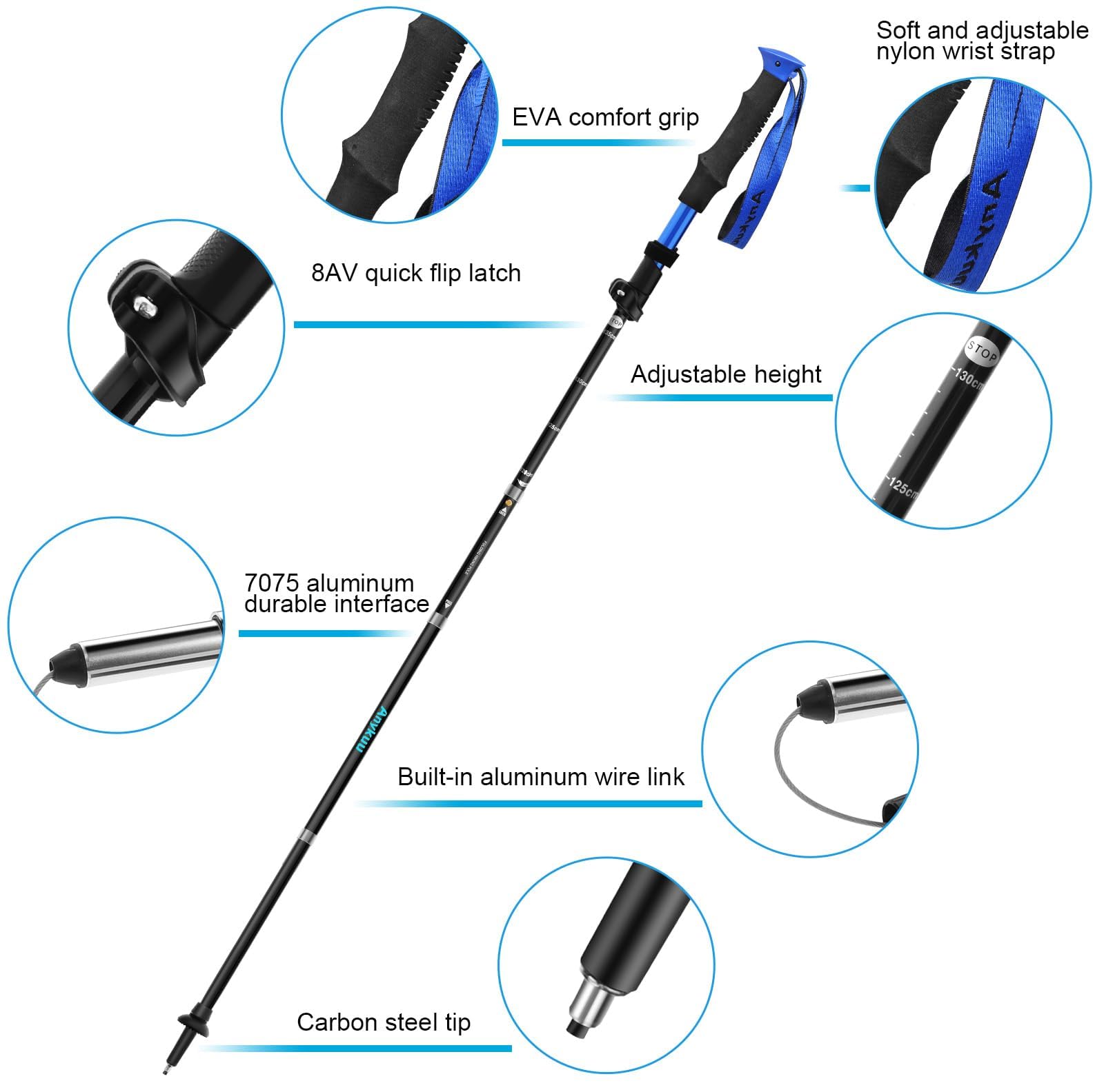 Anykuu Bastoni Trekking Bastoncini da Trekking 2 Pezzi Pieghevoli 110-130cm, Bastone da Trekking in 7075 Alluminio, Nordic Walking Bastoncini con manico in Eva per Montagna Escursioni e Sci