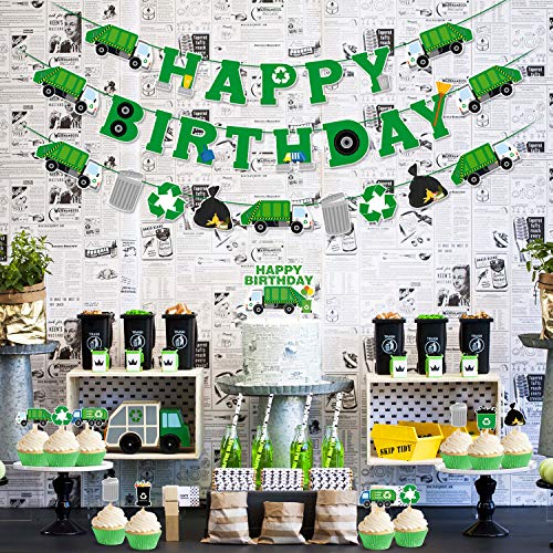 Garbage Truck Birthday Party Supplies Trash Truck Banner Garland Cake Topper Cupcake Toppers Latex Balloons For Boy’s Birthday Waste Management Recycling Party Decor #TOP2