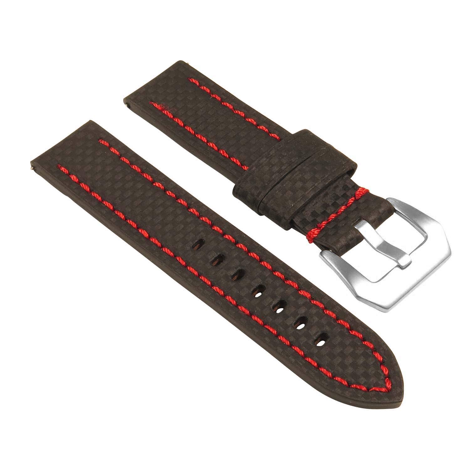 StrapsCo Heavy Duty Carbon Fiber Leather Quick Release Watch Band Strap - Black & Red - 22mm