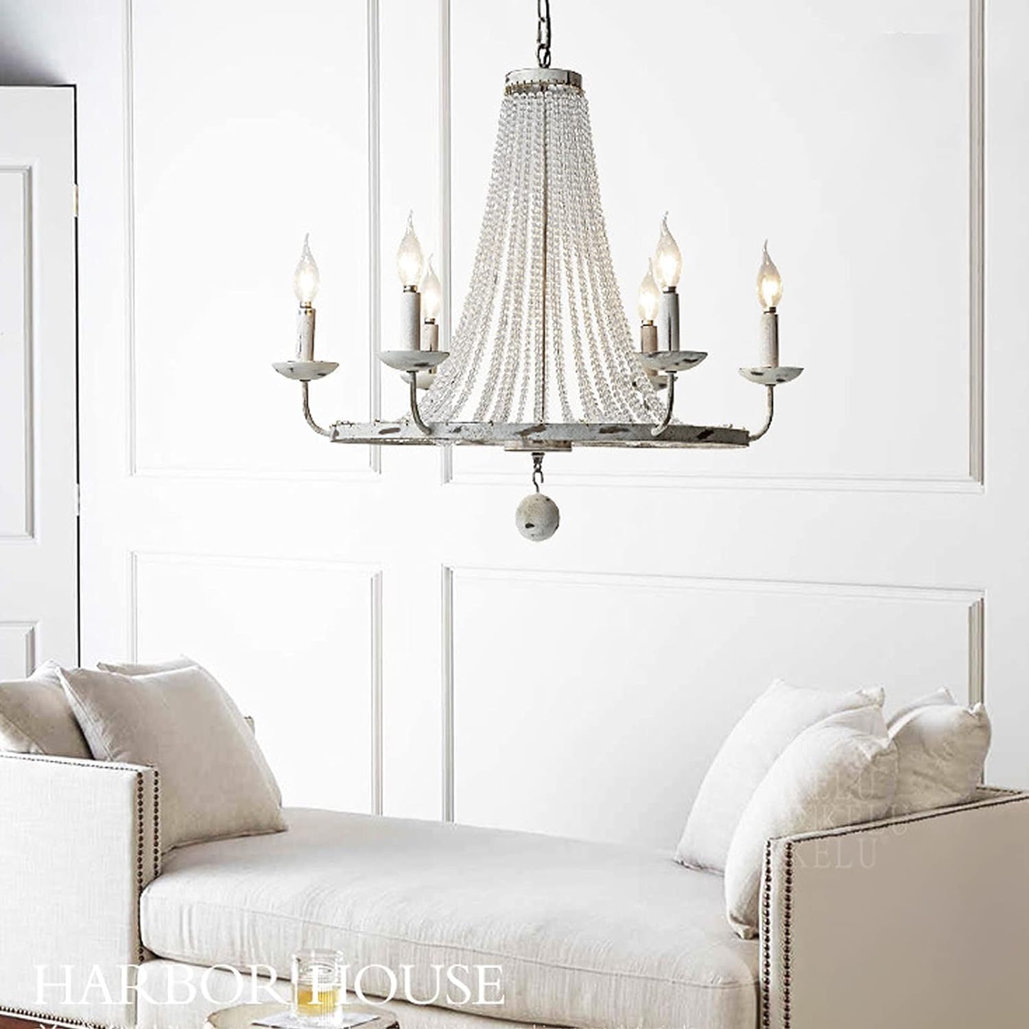 Classical Farmhouse Candle Chandelier Candle Shaped 6 Light Crystal White Metal Wheel Chandelier Lighting Hanging,for Home Decor