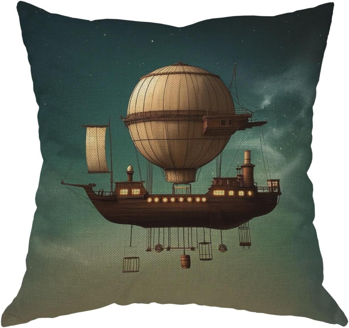 Moslion Space Pillows Decorative Throw Pillow Cover Surreal Sky Scenery with Steam Punk Airship Fairy Star Universe Pillow Case 18x18 Inch Cotton Linen Square Cushion Cover for Sofa Bed