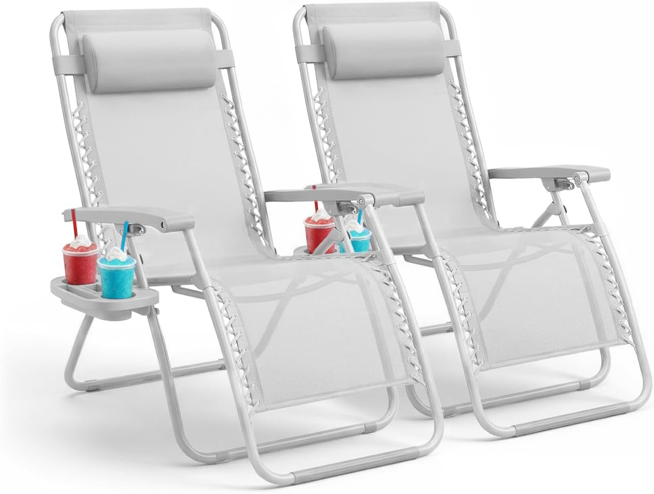 KEPLIN Set of 2 Heavy Duty Zero Gravity Chairs – Padded Garden Recliners with Locking System, 160° Recline, Adjustable Pillow, Removable Tray with Cup & Phone Holders, 110kg Capacity (Light Grey)